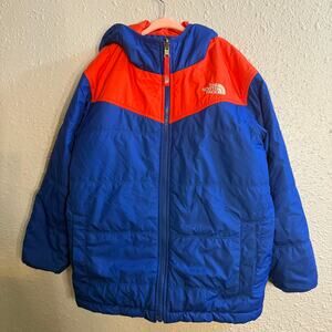 Boys The North Face Puffer Jacket Reversible Orange/Blue Small Size 7/8